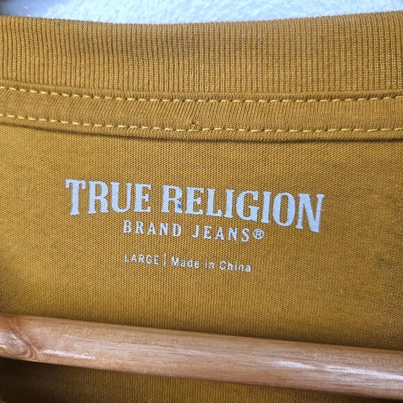TRUE RELIGION Shirt Mens Large Gold Buddha Short Sleeve Graphic Tee Guitar Logo - Picture 5 of 5
